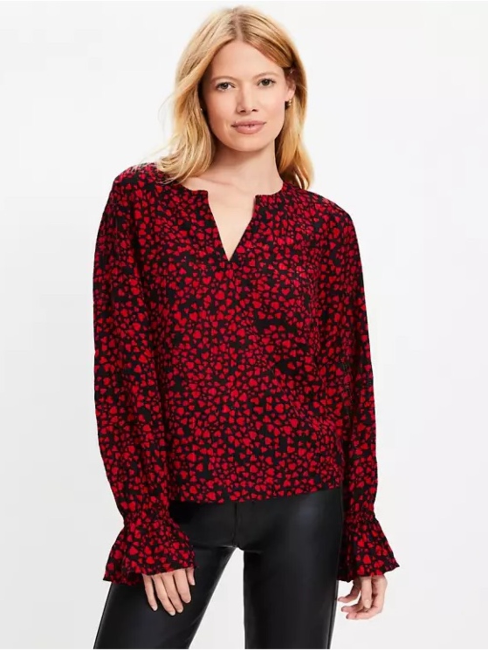 LOFT Red and Black Heart Printed Popover Ruffle Sleeve Blouse - Size M